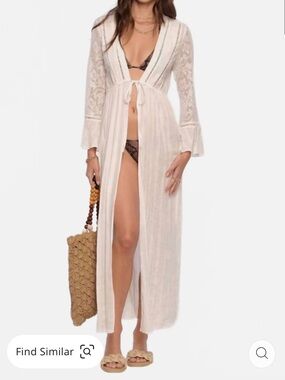 Heartloom Cream Lace-Trim Long Swim Coverup